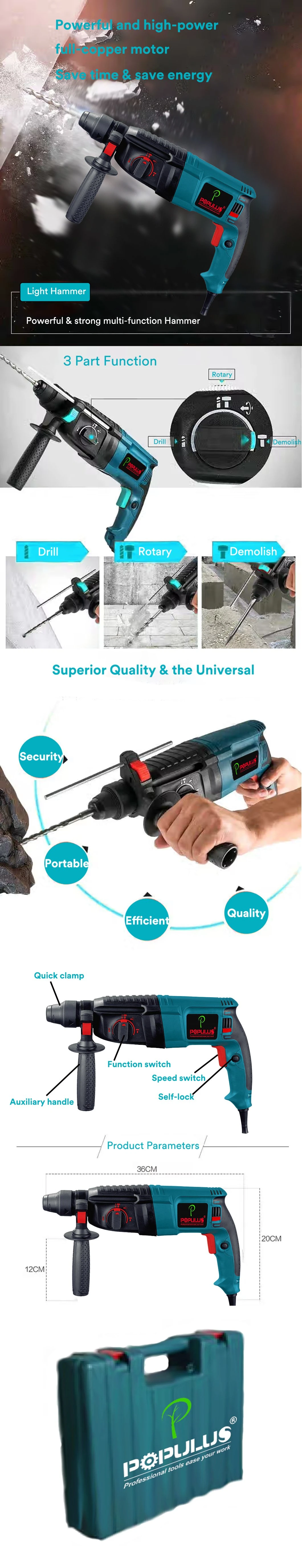 Populus New Arrival Industrial Quality Rotary Hammer Power Tools 900W Electric Hammer